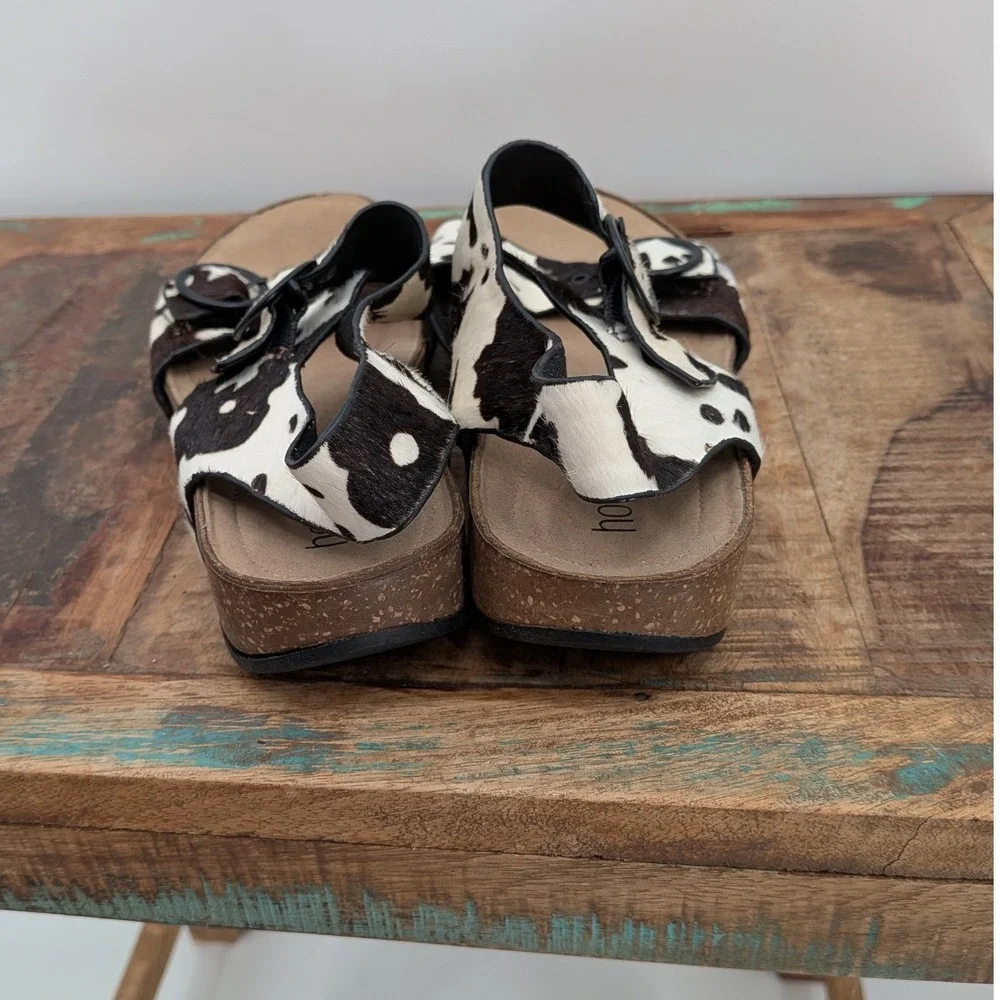 Boho Farm Hotter Tourist Cow Calf Hair Platform Wedge Buckles 8.5M Sandals